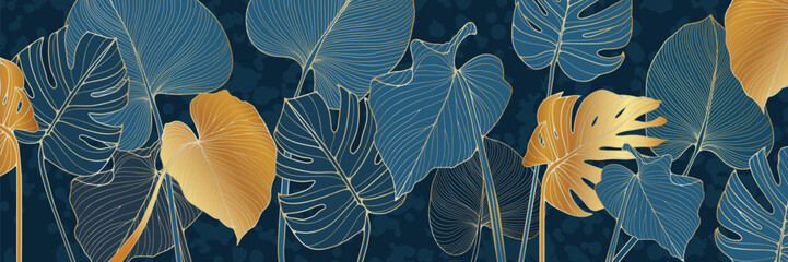 Luxury gold and blue nature vector background. Floral pattern, philodendron plant with golden split leaves with monstera plant line art, vector illustration. © Лилия Агапова