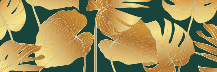 Luxury gold and green nature vector background. Floral pattern, philodendron plant with golden split leaves with monstera plant line art, vector illustration. © Лилия Агапова