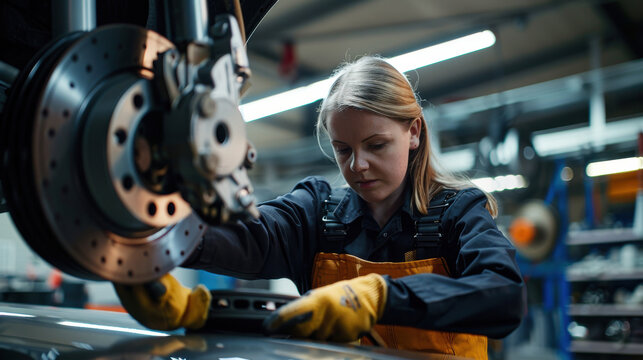A female mechanic replacing brake pads on a vehicle in a modern garage.