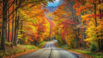 Fototapeta premium Autumn forest landscape with colorful trees lining a country road, Autumn, forest, colorful, landscape, trees, road, foliage