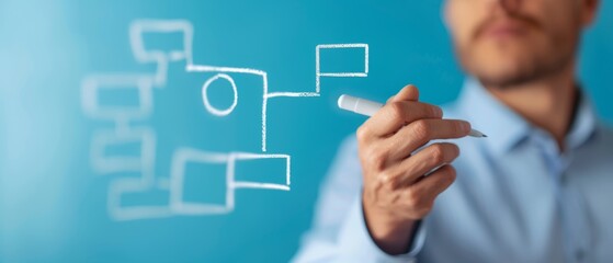 Businessman Creating Flowchart on Transparent Board with Marker, Blue Gradient Background, Sharp Focus on Hand, Copy Space Conceptual Image