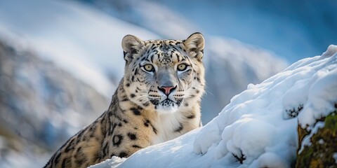 Fototapeta premium Snow leopard blending into snowy mountain landscape, snow leopard, mountains, wildlife, camouflage, endangered, feline