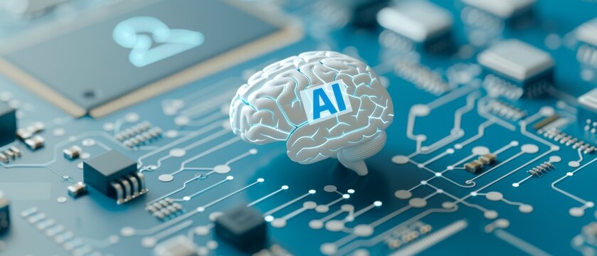 AI Technology Transforming Law and Justice System - Conceptual Image of Digital Brain on Motherboard with Courtroom Background and Legal Symbols