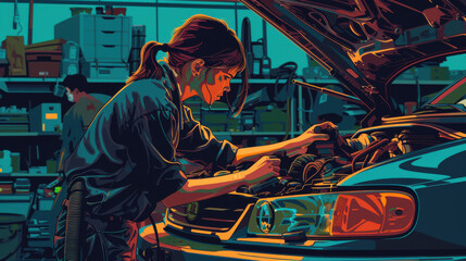A female mechanic working under the hood of a car in a busy garage.