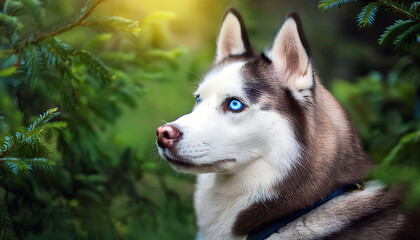 Obraz premium Siberian Huskies are famous for their wolf-like appearance. Sharp blue eyes and thick fur.