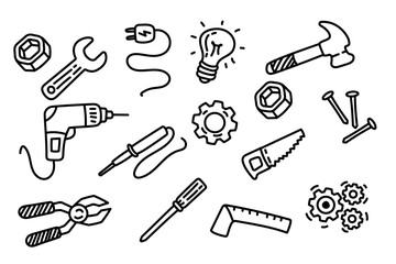 Fototapeta premium Set of repair tools doodle illustration on white background. Hand-drawn tools elements vector.