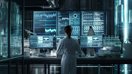 A healthcare worker in a state-of-the-art lab, analyzing samples with advanced diagnostic equipment and computer screens displaying detailed medical data