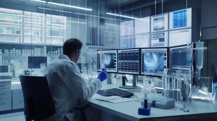 A healthcare worker in a state-of-the-art lab, analyzing samples with advanced diagnostic equipment and computer screens displaying detailed medical data