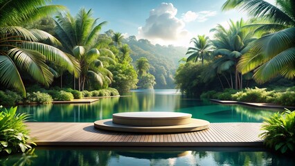 A podium with a backdrop of a serene lagoon surrounded by lush greenery, evoking an exotic and tranquil summer escape.