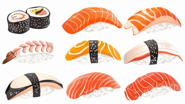Nigiri Sushi Set with Sake and Fresh Salmon. Traditional Japanese Seafood Delicacy