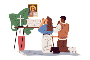 Catholic Christians pray. Religious kneeling at cross and icon, recite prayers. People with belief in God, Jesus. Traditional religion, faith, sacred ritual. Flat isolated vector illustration on white