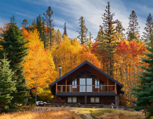 Beautiful wooden house in the autumn forest with yellow leaves and trees