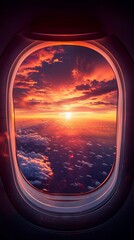 A stunning sunrise seen through an airplane window with a captivating vista, including a vast landscape below, creating a serene copy space image