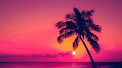 Vibrant Pink and Orange Sunset Sky with Silhouette of Isolated Palm Tree - Tropical Travel and Vacation Background