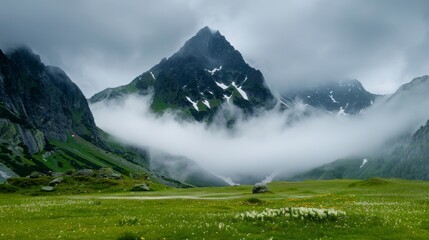 Magical misty valley, rugged mountain peaks piercing through the fog, untouched meadows with wildflowers, a pristine and remote haven