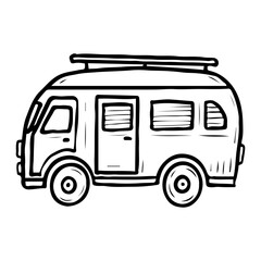 Travel motorhome hand drawn in doodle style. Tourist motor home for a trip to the forest to the lake. Family vacation in a trailer. House on wheels. Vector line art illustration.