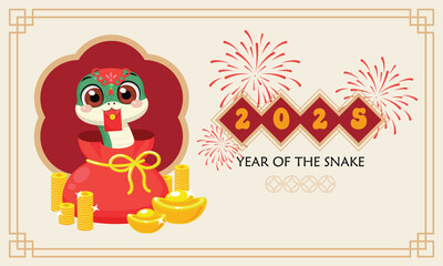 Cute red snake in red packet, happy Chinese new year 2025