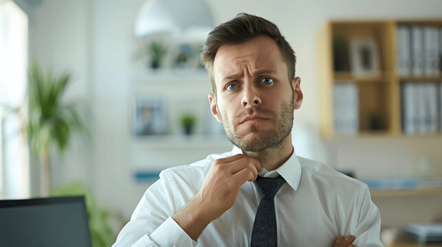 Man with look of embarrassment adjusting tie in office