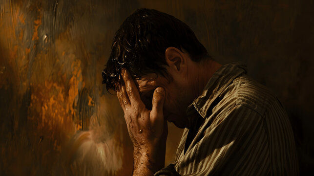 Man with look of shame head bowed and covering face in dimly lit room