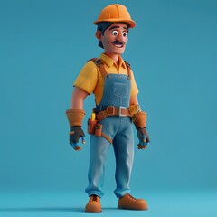 Fototapeta premium Smiling Cartoon Construction Worker in Yellow Hard Hat
