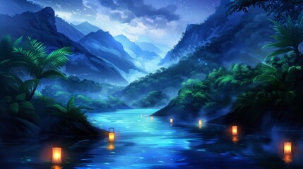 Obraz premium Fantasy landscape of a spellbound valley, covered in magical mist, luminescent flora, and a serene river with floating lanterns, creating a dreamy atmosphere