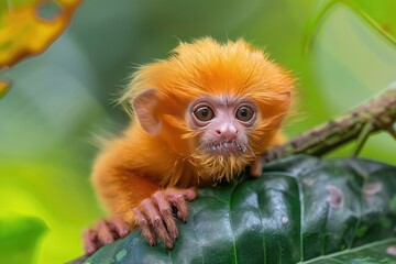 Fototapeta premium A cute golden monkey sitting on a leaf. This photo can be used to illustrate articles about endangered species or the beauty of nature.