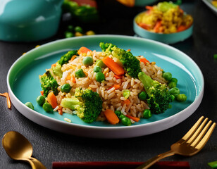 Vegetable stir fry with rice, broccoli, carrot and green peas on plate