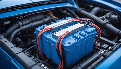 Fototapeta premium An electric car lithium battery pack is illustrated with power connections, showcasing the core of modern automotive technology in a vibrant blue tone