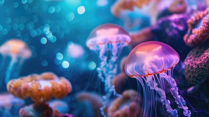 Naklejka premium Jellyfish glow with colorful lights, hyperrealism, pattern, banner, place for text