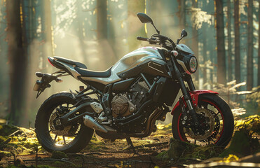 Sports motorcycle in the forest. Created with Ai