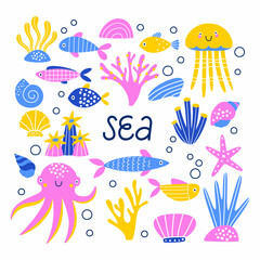 Set of underwater life, animals and plants.