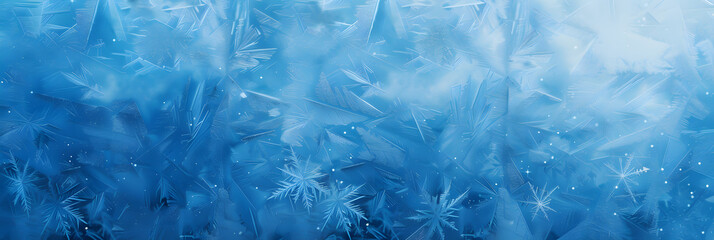 Frozen pattern on winter window. Blue ice winter background, texture blue wallpaper.