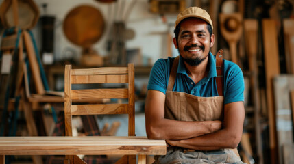 A male carpenter proudly displaying his completed wooden chair, standing beside it with a satisfied smile.