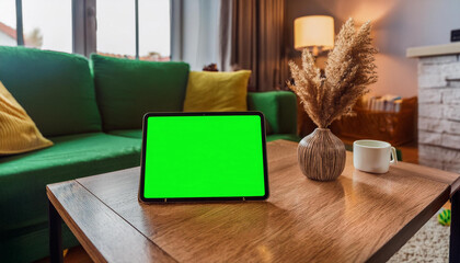 A digital tablet with a green screen placed on a coffee table in a cozy living room, perfect for showcasing home applications or entertainment content.