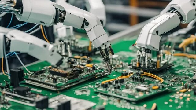 Robotic arms are in the process of assembling circuit boards.