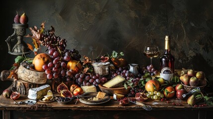 Still life with cheese, grapes, and wine.