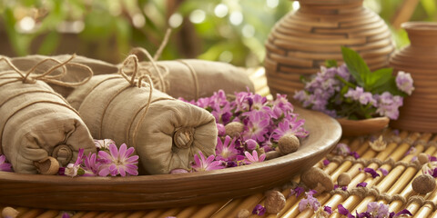 Relaxing Spa Setting with Herbal Compresses and Purple Flowers on Wooden Tray