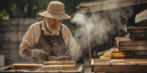 Senior Beekeeper Harvesting Honeycombs Outdoors Amidst Smoke in Rustic Setting