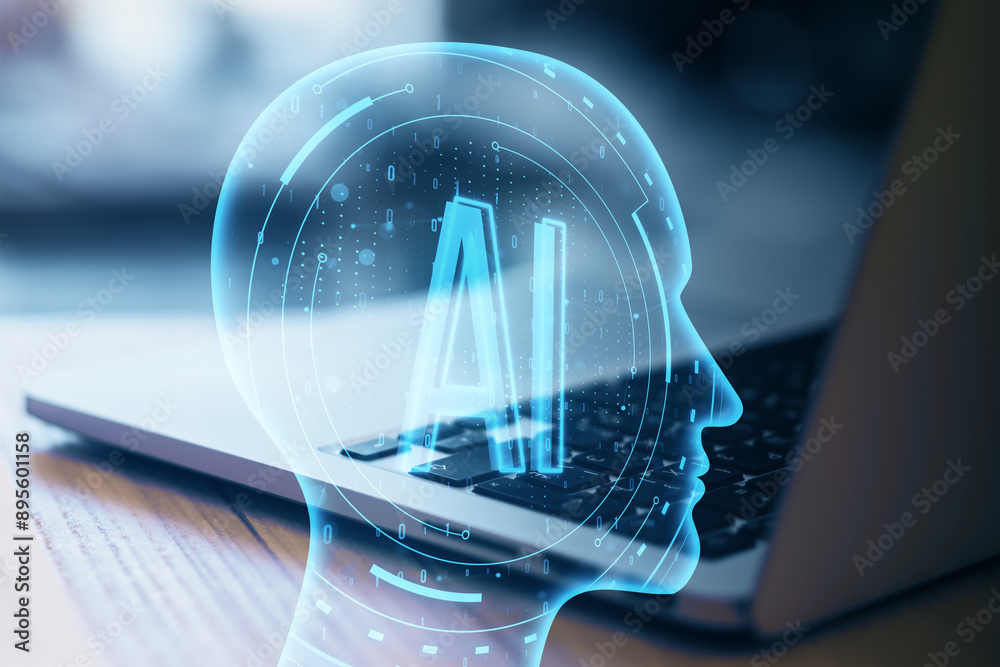 Poster close up of notebook on desk with creative ai head outline on blurry background. artificial intellig