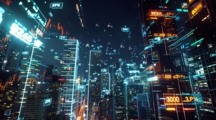 futuristic cityscape at night with digital projections of stock market indices and financial news floating in the air