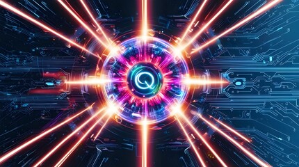 colourful quantum computer core surrounded by dynamic light trails, representing cutting-edge technology.