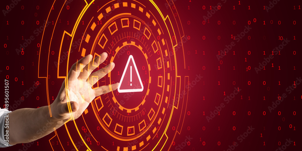 Poster Close up of male hand using red warning hologram on digital background with mock up place. Virus and hacker attack concept.