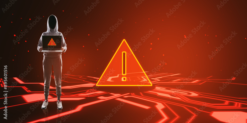 Poster Hacker with laptop and red warning hologram on digital background. Virus and hacker attack concept.