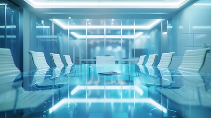 Modern Glass Conference Table with White Chairs in a Blue Office