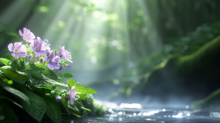 Fototapeta premium Ethereal scene of a delicate fairy glen, bathed in soft light, with misty, magical atmosphere, and glowing flowers, capturing an otherworldly, airy essence