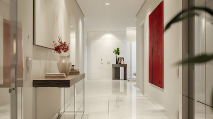 Modern hallway interior design with red abstract painting.