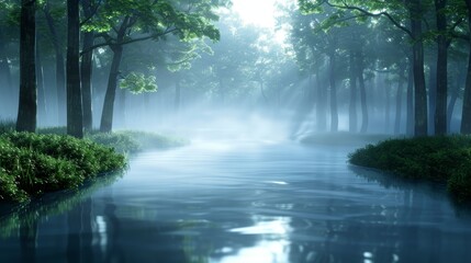 Obraz premium Enchanted forest scene with a serene atmosphere, pristine trees and a quiet stream, magical misty fog rolling through, soft ethereal light