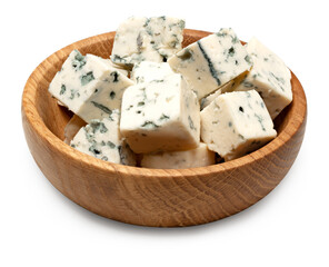 blue cheese on wooden bowl isolated on a white background. clipping path