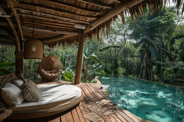 Obraz premium A luxurious, tropical villa with a pool. Perfect for showcasing travel, relaxation, and exotic locations.