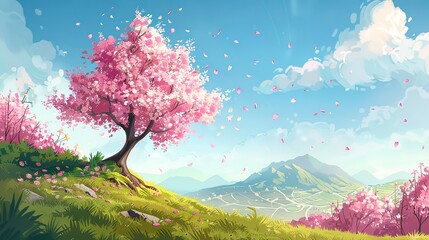 Sunny spring landscape with a blossoming tree on the hill. Rose petals drift from the sakura. Fluffy cartoon clouds dot a clear sky. Gardens and mountains form the background. 